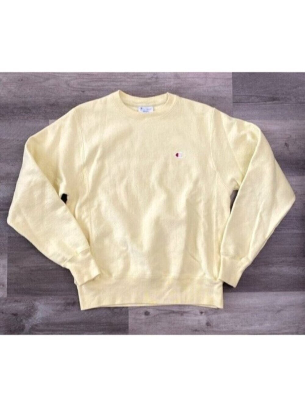 Champion Sweatshirt Mens Small Yellow Reverse Weave Fleece Crewneck Sporty Logo